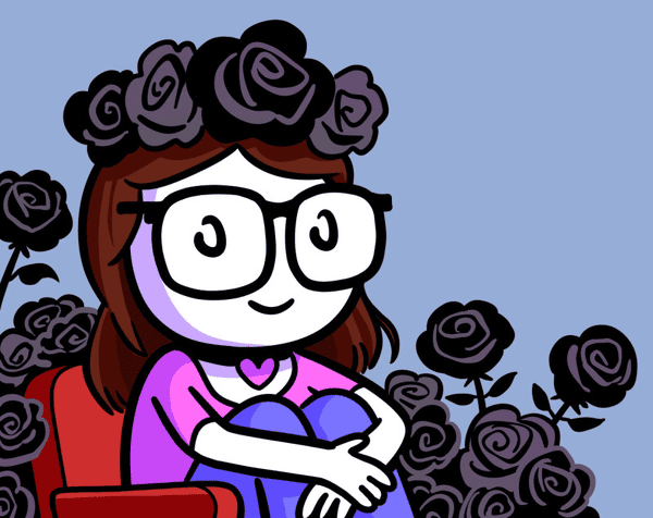 VIP portrait of TheRealBlakrose, cute girl with glasses surrounded by black roses
